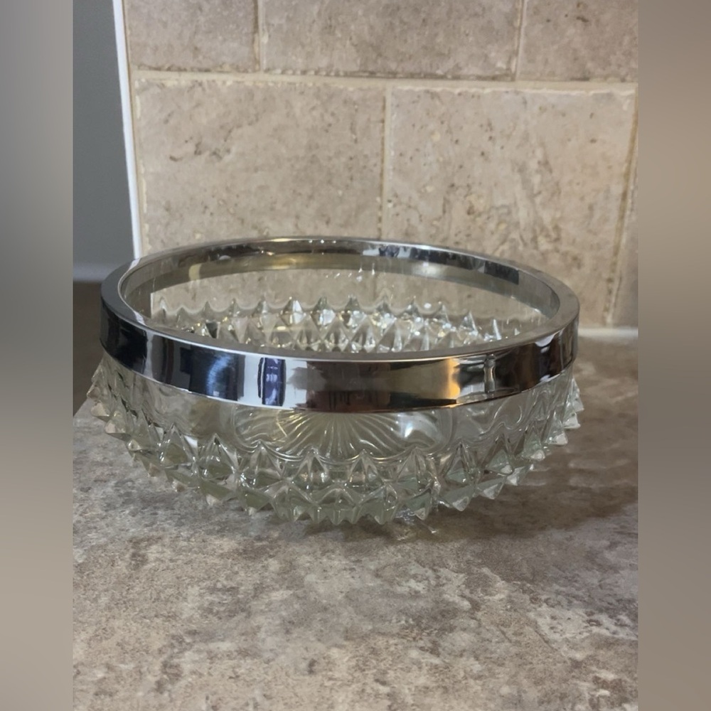 ✨RARE✨ MAYELL England Clear Cut Studded Glass Bowl w/ Stainless Steel Rim
